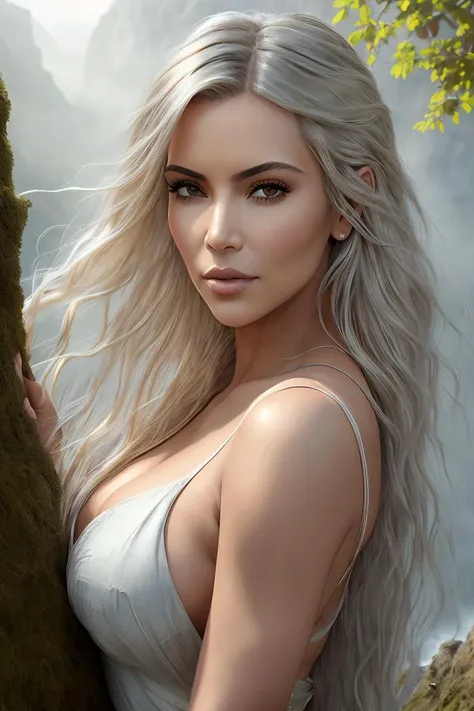 photo of blonde (koh_kimkardashian), a woman, ((realistic:1.5)),((best quality)), ((masterpiece)),((detailed)), (1girl), wearing Medieval armor, (upper body:1.3),,super-wide-angle lens,face focus, (detailed face,beautiful eyes, detailed pupils,detailed clothes features, clear background:1.3), mysterious ancient ruin, lush forests, deep canyons,bridge,river,cliff,cloud, lakes,rock,waterfalls, flowers, grass, fog,vine,tree, smoke, best shadow,bright details,sharp,perfect composistion, Intricate, Sharp focus, dramatic, by Frank Frazetta,by Julie Bell,by Olivia De Berardinis,by Luis Royo,by boris vallejo, (specular lighting:1.3),rim light, (closeup)