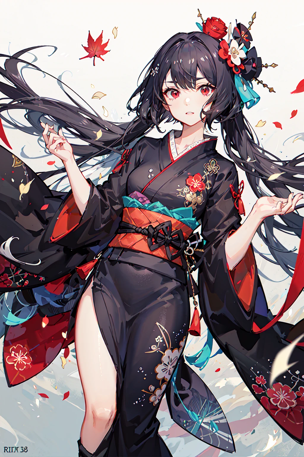 {{{Ukiyo-e_style}}},{{flat_style}},{simple_colors},{{{masterpiece}}},{katsushika_hokusai},long_hair,hair_flower,{{black_hair}},red_eyes,red_sky,{chinoiserie},{{{best_quality}}},kimono,{{ultra-detailed}},{illustration},Maple_leaves_flying,{{1girl}},{{{solo}}},{{an_extremely_delicate_and_beautiful}},blank_stare,close_to_viewer,{breeze},{Flying_splashes},{Flying_petals},wind,{Gorgeous and rich graphics}