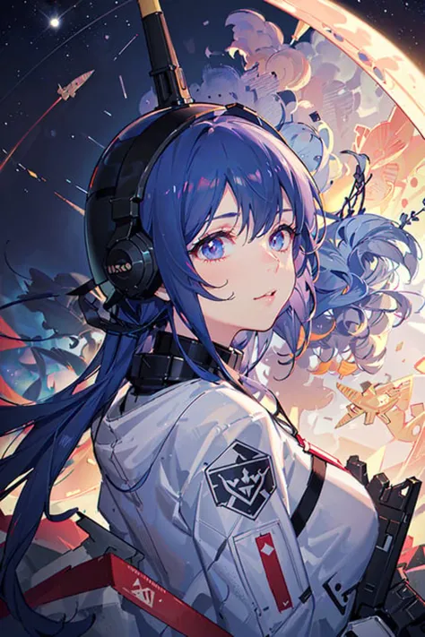 (((masterpiece,best quality,an extremely delicate and beautiful,illustration))),
(from side,medium long shot),
((a cute_detailed_girl in spacesuit,beautiful_detailed_face in aerospace_helmet)),(((upper body))),(disheveled hair:0.3),
(((clouds:0.3),multiple_luna,(floating_fortress technology machinery),night sky background)),
(cyberpunk_aerospace_helmet)