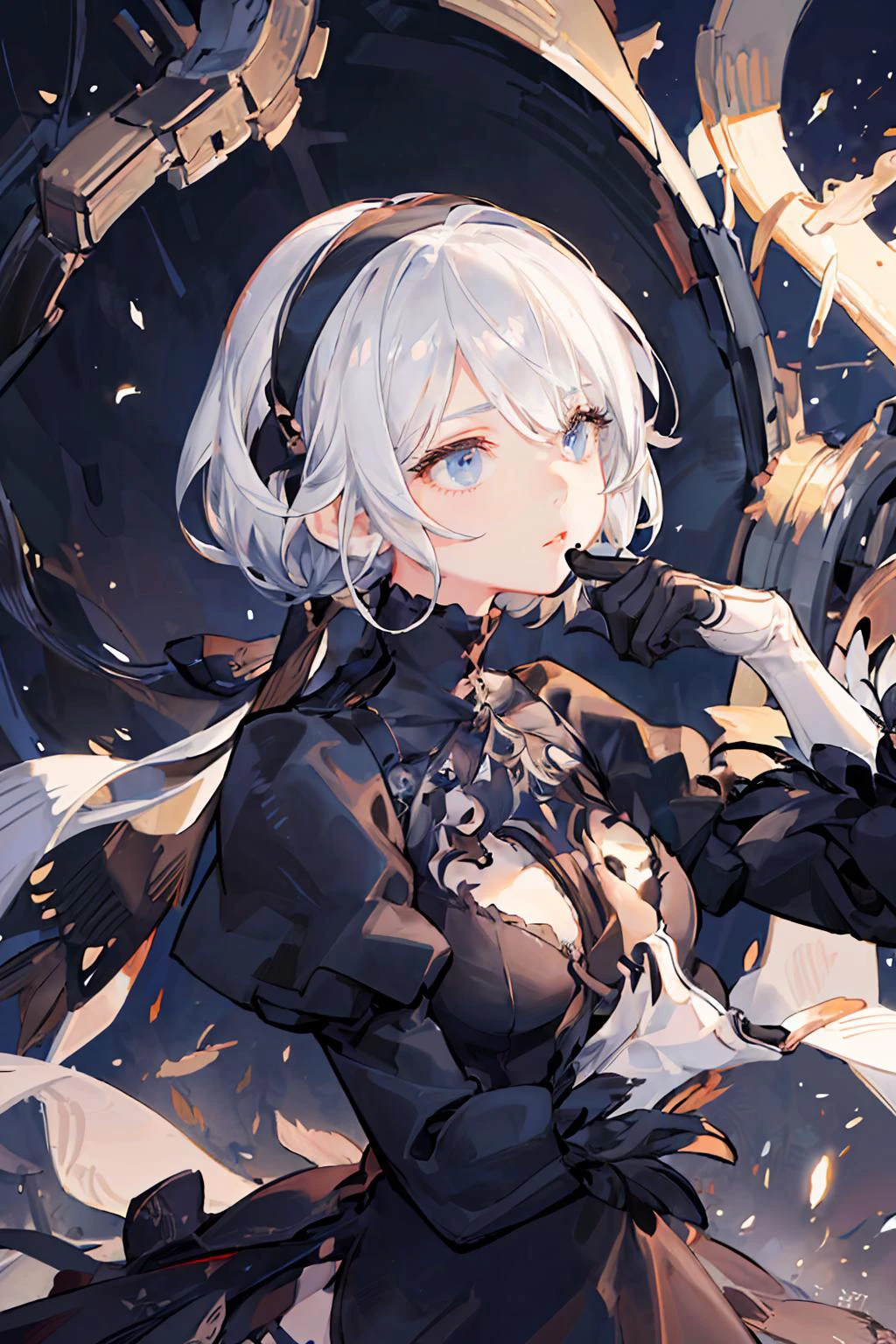 (((masterpiece,best quality,an extremely delicate and beautiful,illustration))), (from side,medium long shot),
((a cute detailed girl,beautiful detailed face)),
(((cowboy shot))),(disheveled hair:0.3),
(floating_fortress technology machinery),
night sky background,
hm2b, (black blindfold, covered eyes,:1.4) mole under mouth, clothing cutout, long sleeves, puffy sleeves, juliet sleeves, feather trim, black thighhighs, black gloves, black dress, black skirt, <lora:y2b_v2-1:0.7>
<lora:add_detail:1.2>