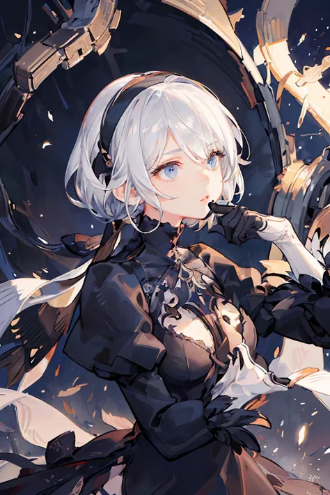 (((masterpiece,best quality,an extremely delicate and beautiful,illustration))), (from side,medium long shot), 
((a cute detailed girl,beautiful detailed face)),
(((cowboy shot))),(disheveled hair:0.3),
(floating_fortress technology machinery),
night sky background,
hm2b, (black blindfold, covered eyes,:1.4) mole under mouth, clothing cutout, long sleeves, puffy sleeves, juliet sleeves, feather trim, black thighhighs, black gloves, black dress, black skirt, <lora:y2b_v2-1:0.7>
 <lora:add_detail:1.2>