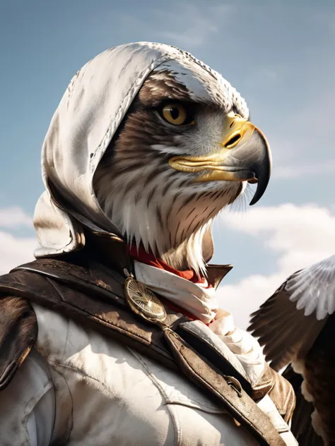 best quality, masterpiece, raw photo, 8k uhd,soft lighting,film grain, detail skin, a cat wear a white custome with a hood in head, focus face, blurry background is sky and (eagle:1.3),<lora:doumao-000020:0.9>