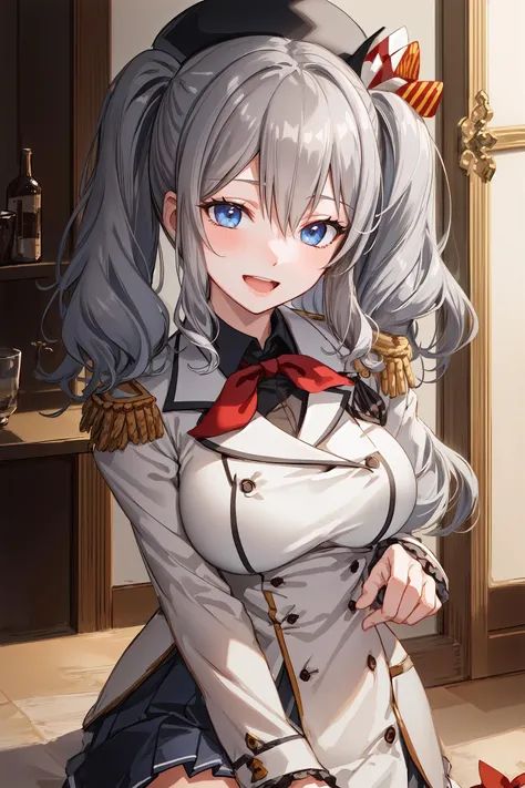 (super detailed skin:1.2), (beautiful detailed deep eyes:1.2), (shiny hair:1.2), hyper quality, extremely detailed CG 8k wallpaper, detailed and intricate,open_mouth,(Close-up face),
BREAK
<lora:kashima_kantaicollection:1> kashima_kantaicollection, twintails, grey_hair, wavy_hair, blue_eyes, breasts, blush, long_hair, smile, hat, large_breasts, beret,military_uniform, uniform, neckerchief, red_neckerchief,  buttons nice hands, perfect hands, [<lyco:GoodHands-beta2:0.8>:0.5]