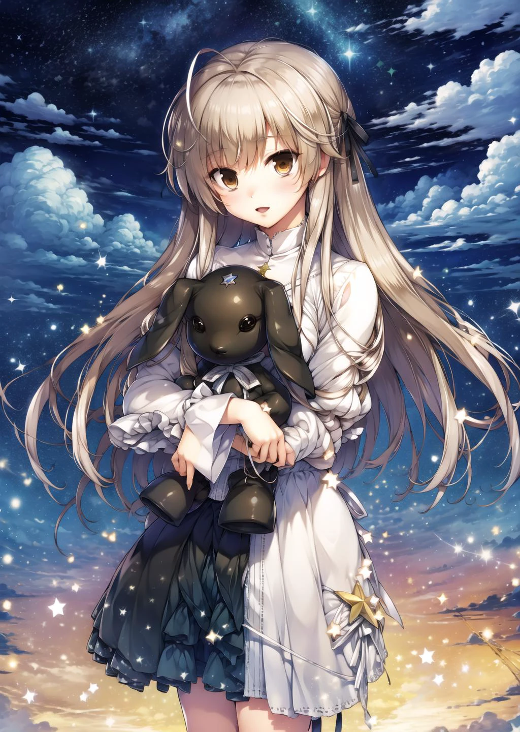 <lora:æ¥æ¥éç©¹:0.8> ,
((masterpiece:1.4, best quality)) ,Kasugano Sora,1girl,brown eyes,dress,stuffed toy,stuffed animal,stuffed bunny, outdoor,cloud.night,star,starry sky,depth of field,wind,cowboy shot,(star \(symbol\)), ,happy,standing,
,(masterpiece, best quality:1.5), full body, , masterpiece, best quality,
 <lora:ç»å¸éªåsnowcanvas-10:0.9>