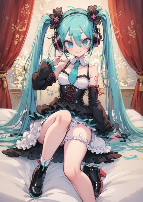 8k, masterpiece, best quality, ultra-detailed, Hatsune Miku, twintails,<lora:ainoku_HatsuneMiku:0.4>, 1girl, solo, kawaii, cute, very big eyes, Aesthetic Anime Eyes, small face, Baroque style lingerie, green necktie, black sleeves, headphones, light smile,looking at viewer,on bed,
,(masterpiece, best quality:1.5),full body, , masterpiece, best quality, 1girl, no clothing
 <lora:ç»å¸yaro_LoRA:1>