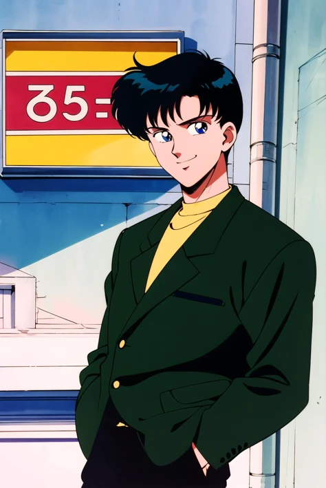 masterpiece,best quality,highres,<lora:Chiba Mamoru:0.7>,Chiba Mamoru,1boy,black hair,blue eyes,solo,retro artstyle,short hair,1990s \(style\),cowboy shot,looking at viewer,road sign,black jacket,smile,pants,hands in pockets,