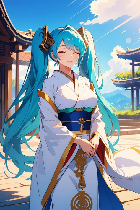 masterpiece, best quality, <lora:sona-nvwls-v1-000009:1> defSona, aqua hair, twintails, hair ornaments, large breasts, white robe, white kimono, looking at viewer, temple, smile, blue sky, closed eyes