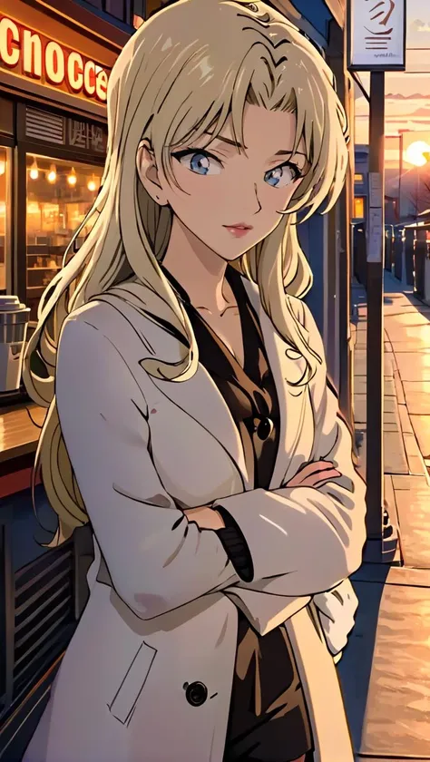 1girl, extremely beautiful, Vermouth, medium shot, wearing a white wool coat, standing outside a coffee shop, sunset, warm feeling, detailed face, highly detailed, realistic, hyper-realistic, ultra-high resolutions, 8K resolutions, IMAX, LDSR, HD, best quality, masterpiece, <lora:VermouthXL:1>