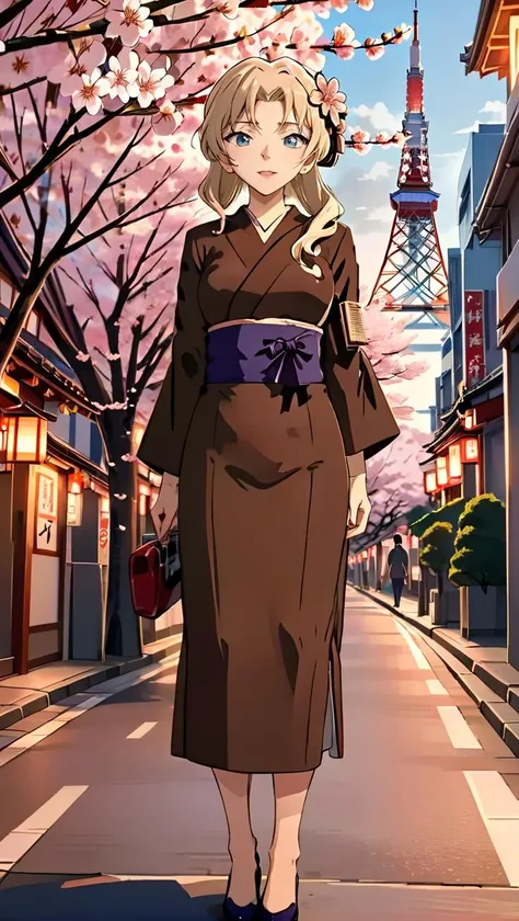 1girl, extremely beautiful, Vermouth, mature woman, mature body, medium shot, traditional Japanese dress, standing in the streets of Tokyo, sakura trees, Tokyo tower in the background, detailed face, highly detailed, ultra-high resolutions, 8K resolutions, IMAX, LDSR, HD, best quality, masterpiece, <lora:VermouthXL:1>