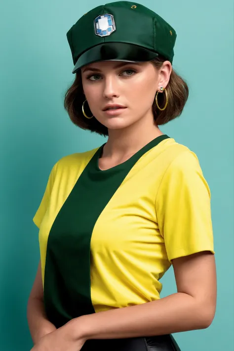from Star Wars <lora:star_wars_offset:1>, masterpiece, best quality, 1girl, aqua eyes, baseball cap, blonde hair, closed mouth, earrings, green background, hat, hoop earrings, jewelry, looking at viewer, shirt, short hair, simple background, solo, upper body, yellow shirt