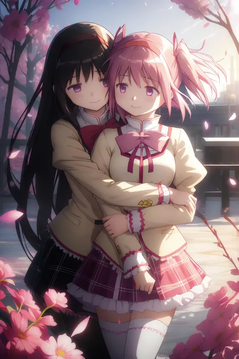 (2 girls( , Yukinoshita Yukino , Yuigahama Yui , Cherry-blossom viewing, uniform,,(black blazer),shirt,((check skirt:1.0)),(White shiny panties),(anime screenshot),squat,thighs,knees,calf,white socks,pink sneakers,whole body,smile,from the front,