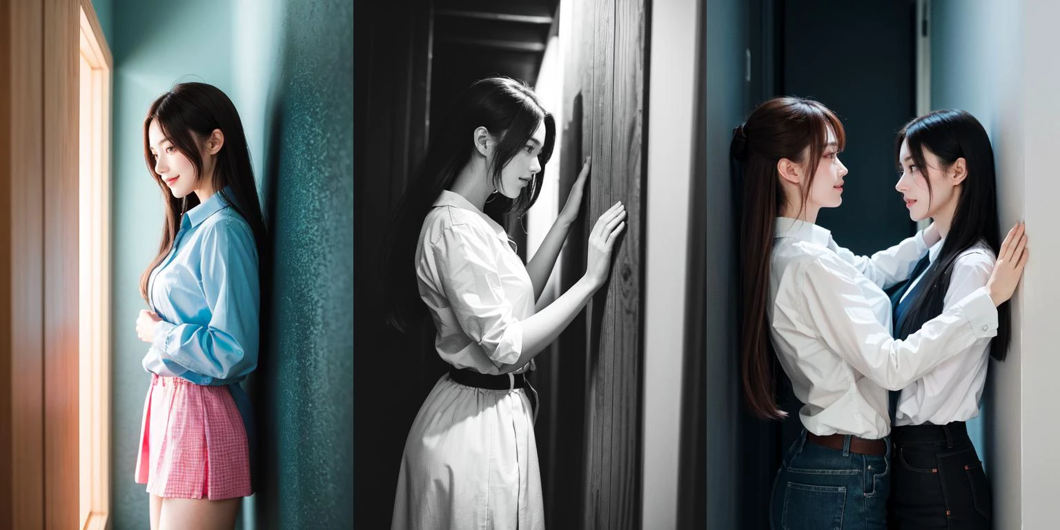 highly insanely detailed, masterpiece, top quality, best quality, highres, 4k, 8k, RAW photo, (very aesthetic, beautiful and aesthetic), fdom_awall, femsub, 2girls, yuri, Side view, hetero, standing, Kabedon, against wall, blushing, shy, nervous, smile,
<lora:fdom_awall_v2:0>, colorful, shirt, bright lighting, bright theme, outdoors,