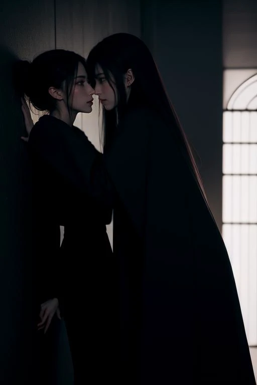 (otherworldly), highly insanely detailed, masterpiece, top quality, best quality, highres, 4k, 8k, RAW photo, (very aesthetic, beautiful and aesthetic), fdom_awall, femsub, 2girls, yuri, Side view, hetero, standing, Kabedon, against wall, blushing, shy, nervous, smile, <lora:fdom_awall_v2:1>, (fantasy world)
