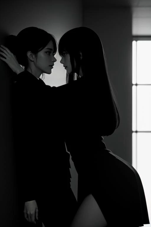 highly insanely detailed, masterpiece, top quality, best quality, highres, 4k, 8k, RAW photo, (very aesthetic, beautiful and aesthetic), fdom_awall, femsub, 2girls, yuri, Side view, hetero, standing, Kabedon, against wall, blushing, shy, nervous, smile, <lora:fdom_awall_v2:1>