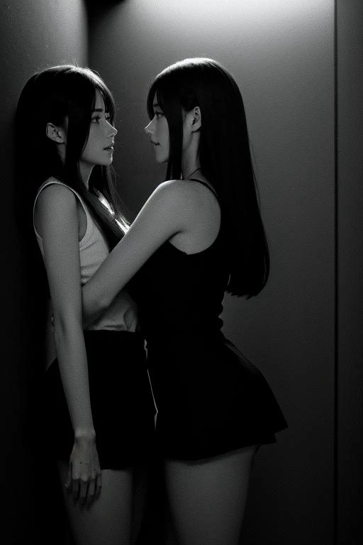 highly insanely detailed, masterpiece, top quality, best quality, highres, 4k, 8k, RAW photo, (very aesthetic, beautiful and aesthetic), fdom_awall, femsub, 2girls, yuri, Side view, hetero, standing, Kabedon, against wall, blushing, shy, nervous, smile, <lora:fdom_awall_v2:1>