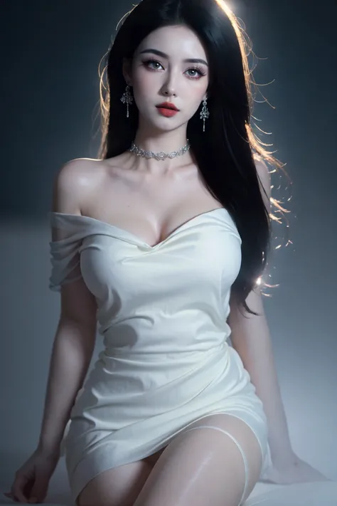 masterpiece, best quality, 32k uhd, 1girl,  Black background<lora:~Q?-^&Y8 girl:0.9>garter belt,earrings,necklace,bracelet,ring,beach cover-up,off-shoulder_sweater,choker,