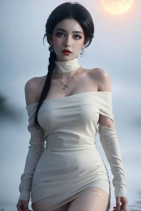 masterpiece, best quality, 32k uhd, 1girl,  Black background<lora:~Q?-^&Y8 girl:0.9>garter belt,earrings,necklace,bracelet,ring,beach cover-up,(turtleneck_sweater:1.1),off-shoulder_sweater,