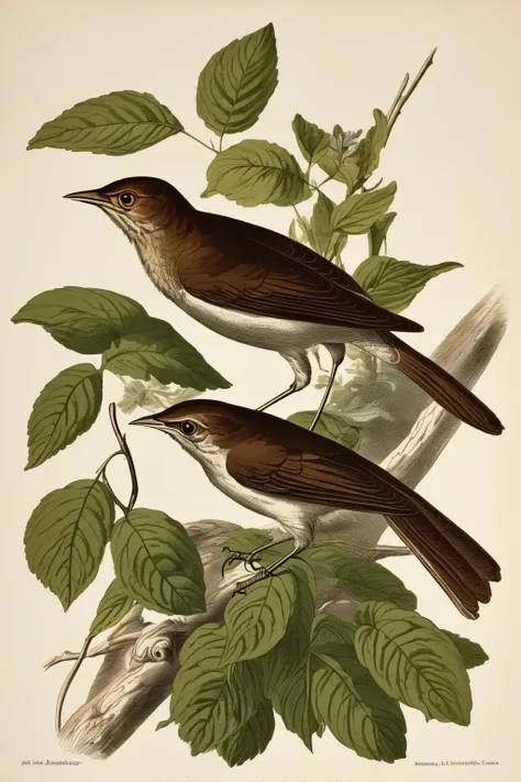 John James Audubon Style - a vintage Victorian academic style illustration of a nightingale