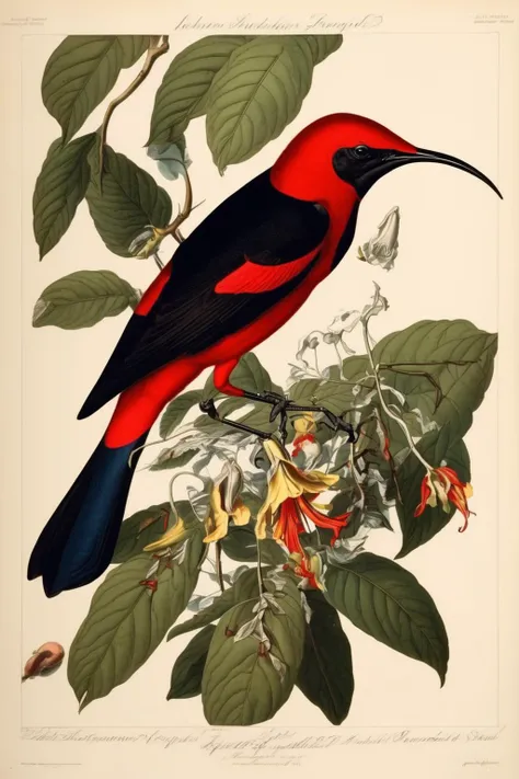 John James Audubon Style - a Crimson Sunbird in the naturalist illustration style of john james audubon