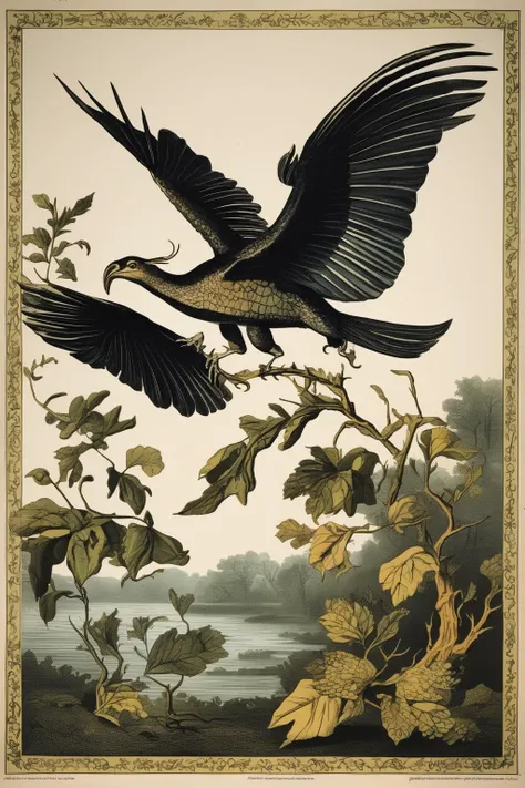 John James Audubon Style - John Audubon style illustration mythical flying creature with scales