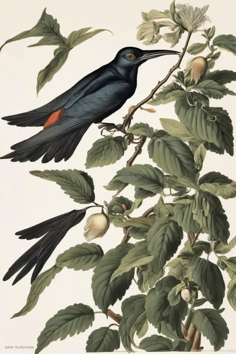 John James Audubon Style - white background, one single flying bird, old botanical illustration