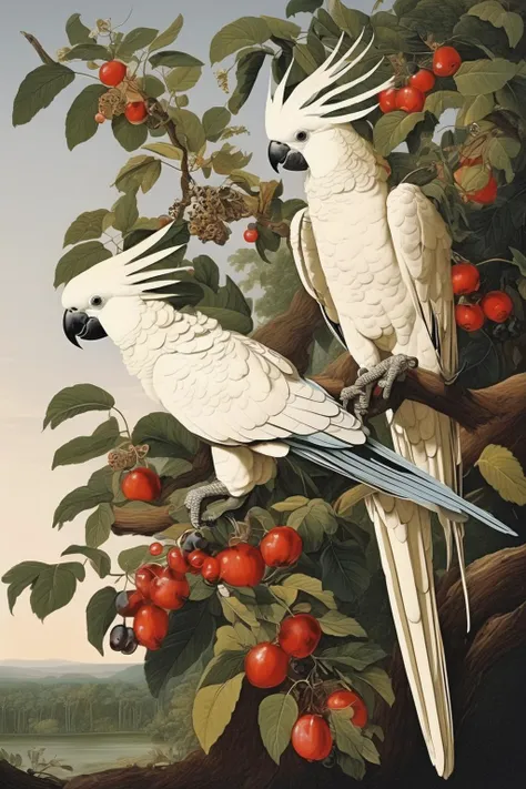 John James Audubon Style - make me an image of a large bird like a parrot or cockatoo of some sort that is perched up on a tree with different types of berries around it in the james audubon style