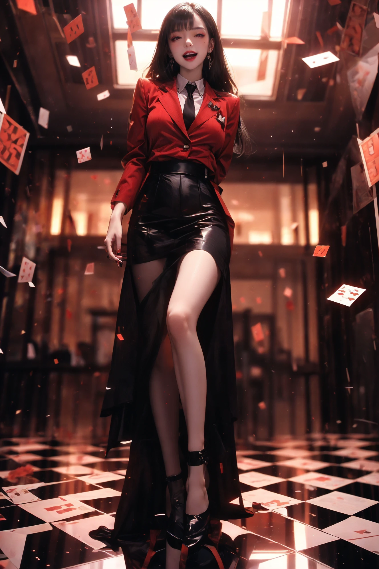 Yumeko Jabami,nail polish,red nails,red eyes,parted lips,(Mole under eye:0.8),(full body:1.2),open mouth,rolling eyes,,dream like, <lora:Yumeko Jabami_20231128024901:0.8> <lora:dream like_20231124044637:0.8>