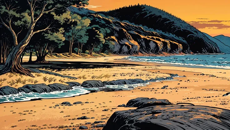 comic book style, beautiful golden hour fantasy landscape