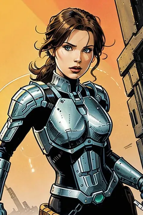 armored female with halo coming out of the head, no humans,