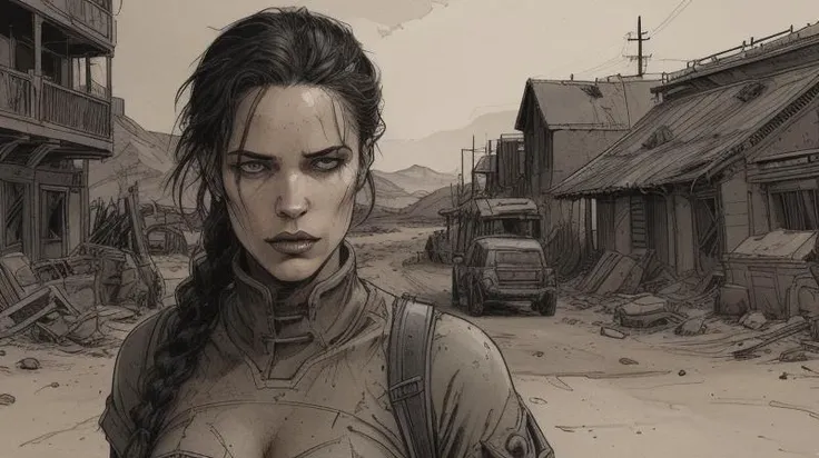 Dystopian style a female black hair android vampire with a braid, posing with a shotgun in a desert, damaged clothes, style of Jeremy Mann . Bleak, post-apocalyptic, somber, dramatic, highly detailed