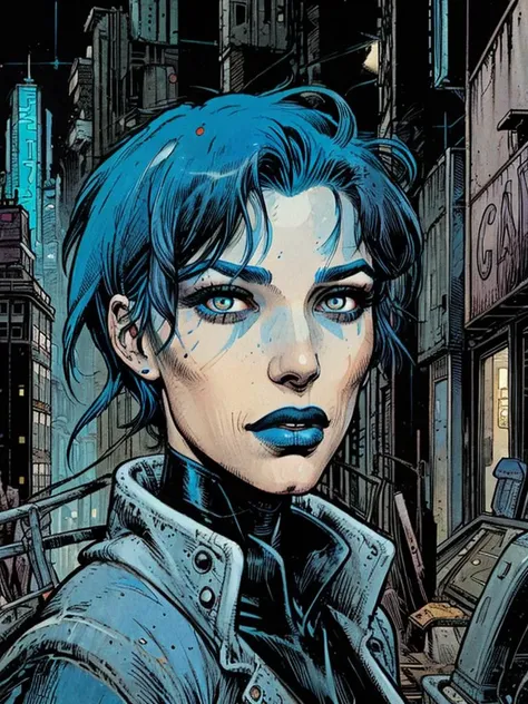 comic book illustration, blue haired woman, in a retrocyberpunk city,  <lora:vor_enki.v3.lora:0.4>, detailed eyes