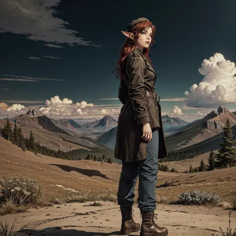 elf, solo,1woman, European 26 year old woman steampunk police uniform hat, baggy pants, long trench coat, with red/blue bob hair and elf ears, realistic, real life, extremely beautiful, highly detailed, ultra-detailed, incredibly detailed, (masterpiece, best quality,clouds, masterpiece, best quality, mountain range (in distance:1.2), standing, highres, detailed eyes, perfect eyes, beautiful eyes, perfect detailed beautiful face, distant view, (full body view, highres, high quality, masterpiece, ultra detailed, perfect lighting:1.1)