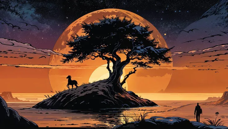 comic book style, beautiful golden hour fantasy landscape