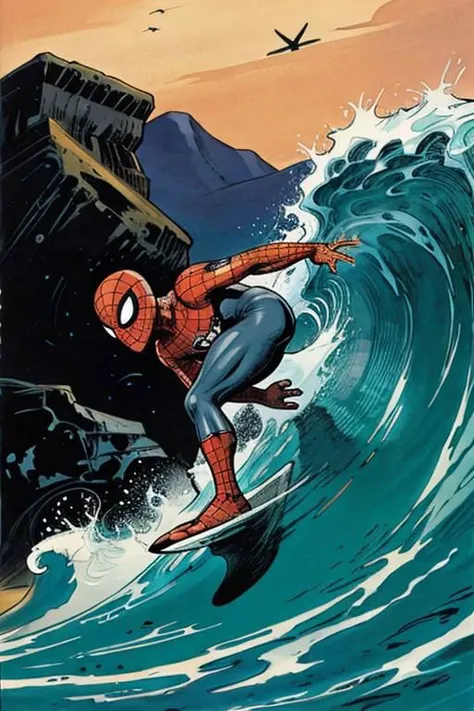 spiderman surfing a wave, illustration