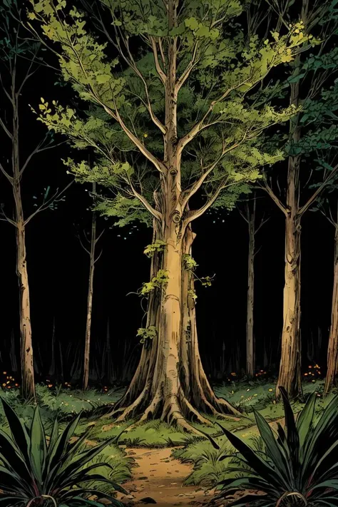 comic book illustration, a mystical, otherworldly tree, with a mossy trunk, draped in twinkling lights, <lora:add_detail:1>