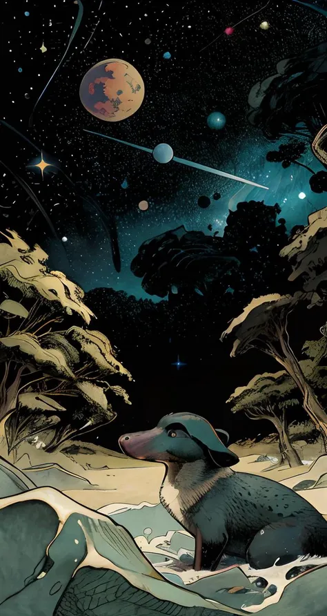 Platypus PI, a platypus private investigator, sci-fi, planets galaxies and nebulas, cinematic, front camera view, symmetric front view, charismatic, Retro-cool Sci-fi theme, (masterpiece:1.2), (intricate details:1.0), illustration, flat colors, best quality, high quality, vibrant colors, ultra high res, professional artwork, 4k, 8k uhd, extremely intricate, extremely detailed, amazing, fine detail, rich colors, unrealengine, trending on artstation,absurdres, highres