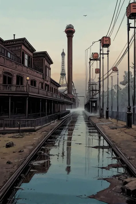 comic book illustration, a deserted, abandoned amusement park, coated in a thick layer of fog, <lora:add_detail:1>