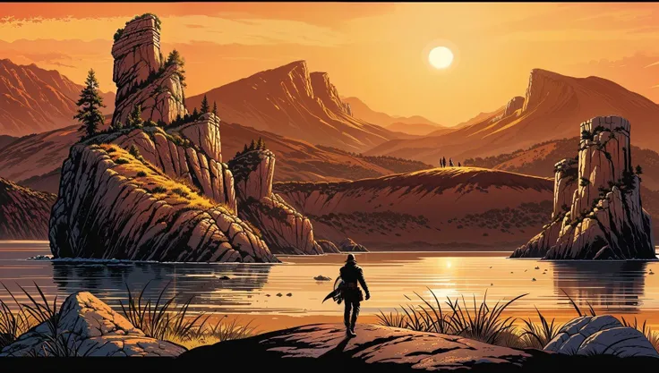 comic book style, beautiful golden hour fantasy landscape