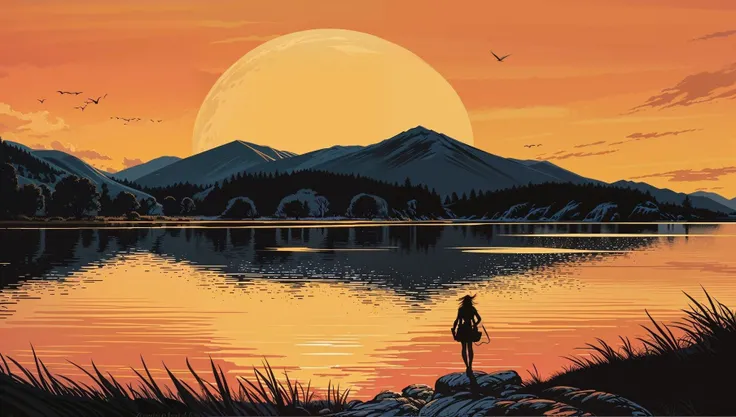 comic book style, beautiful golden hour fantasy landscape
