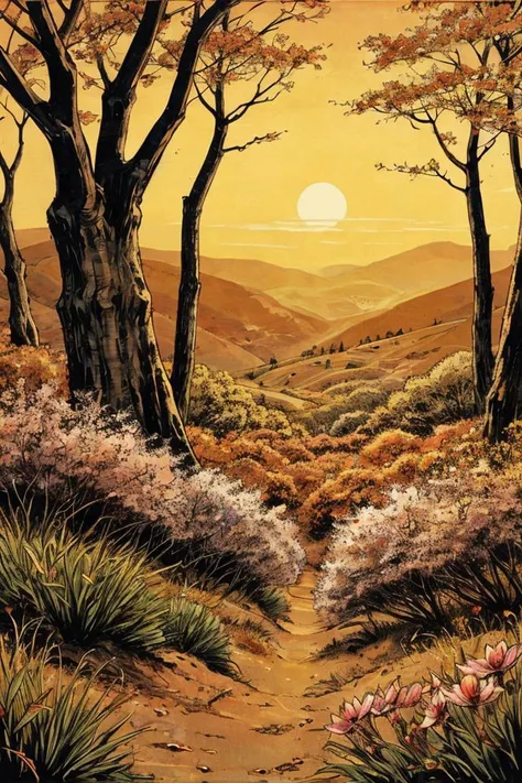 comic book illustration, a surreal cherry blossom tree in a forest, its petals softly illuminated by the golden hues of the setting sun, with an ethereal, almost otherworldly atmosphere