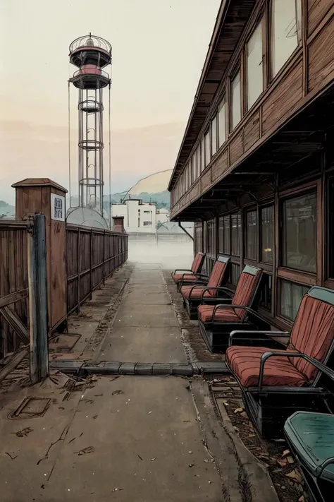 comic book illustration, a deserted, abandoned amusement park, coated in a thick layer of fog, <lora:add_detail:1>