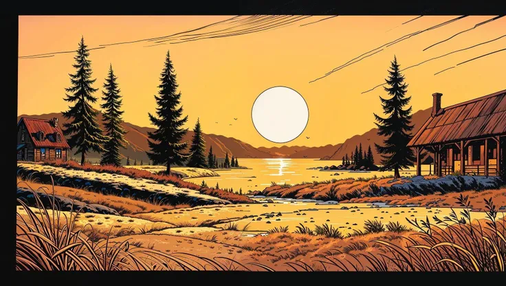 comic book style, beautiful golden hour fantasy landscape