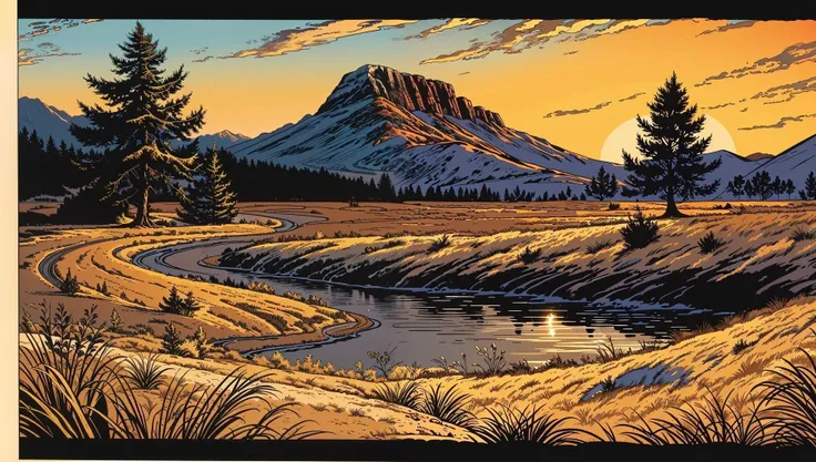 comic book style, beautiful golden hour fantasy landscape