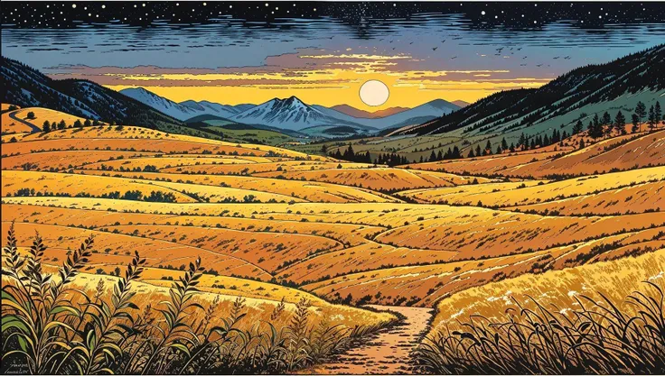 comic book style, beautiful golden hour fantasy landscape