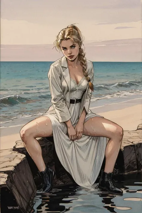 (neutral palette:0.5), comic style, (muted colors:0.5), illustration, cartoon, soothing tones, blond young woman, ponytail, long 1braid, high chignon, wet pussy, bunhair, ( look at viewer:1.3), white coat and white dress, (charlizetheron_ti:0.7), retro, America 1920th,  <lora:more_details:0.5> by Bernie Wrightson, by Atey Ghailan, by jeremy mann, by greg tocchini, neutral colors, painting art, hyperrealistic, intricate details, artstation, (watercolor:0.8), dramatic light, rim light, Portrait
