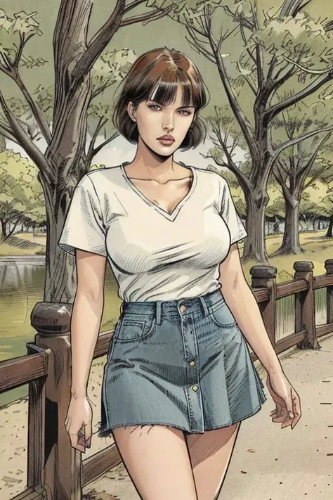 comic book illustration, high detail, high resolution, 1girl, attractive, 18 year old, cute cheeks, sharp jaw, beautiful eyes, short length hair, bangs hairstyle, denim skirt, summer walk in park, tucked in t shirt