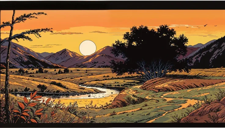 comic book style, beautiful golden hour fantasy landscape