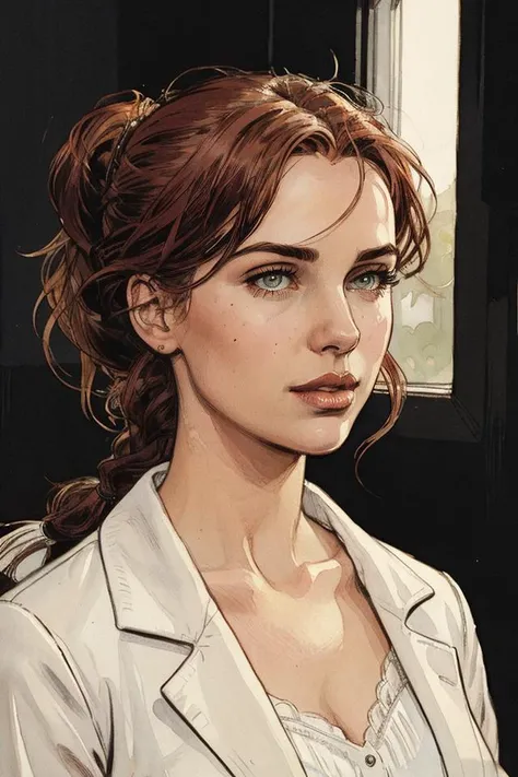 (((HD photo))), ultra high res.photorealistic, UHD, masterpiece, trending on artstation, portrait, pov, 1girl, pretty, cute face, most beautiful in the world, soft, delicate, detailed eyes, detailed hair, cleavage, (long red hair), (large sagging breasts:1.1), (wearing white doctor uniform:1.2), medical fetish, stethoscope, examination, sunkissed, sunset hospital ward background, bokeh, depth of field, (warm glow:1.2), (soft lighting:1.1), (shadows), sfw