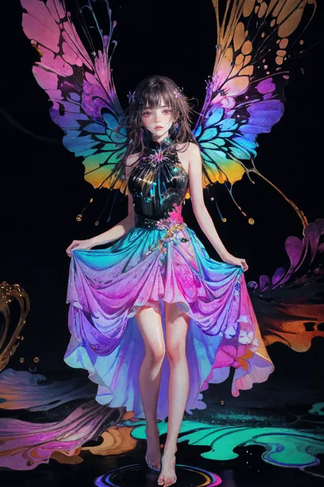 abstract dark fluid art, (black, gold and marble:0.6), (splash:1.2), swirls, flow, dynamic, expressive, intricate, muted colors, (contrast:1.2), masterpiece, best quality, absurdres, illustration, watercolor, 1girl, young girl with butterfly wings, in water, solo, long hair, dress, skirt hold, sleeveless, barefoot, bare shoulders, standing, outdoors, cloud, sky, water, water splashes, rainbow, (tight dress:0.5), (blue, red, pink, flower clusters, ), ((iridescence holographic Clothing:1.3)), acid_fluid, <lora:acid_fluid_lora:0.7>, <lora:holov7:0.6>, <lora:LowRA:0.6>