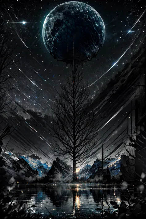 Highly detailed, High Quality, Masterpiece, beautiful, night, (dark environment), mountains, water, trees, <lora:DW-000008:1>